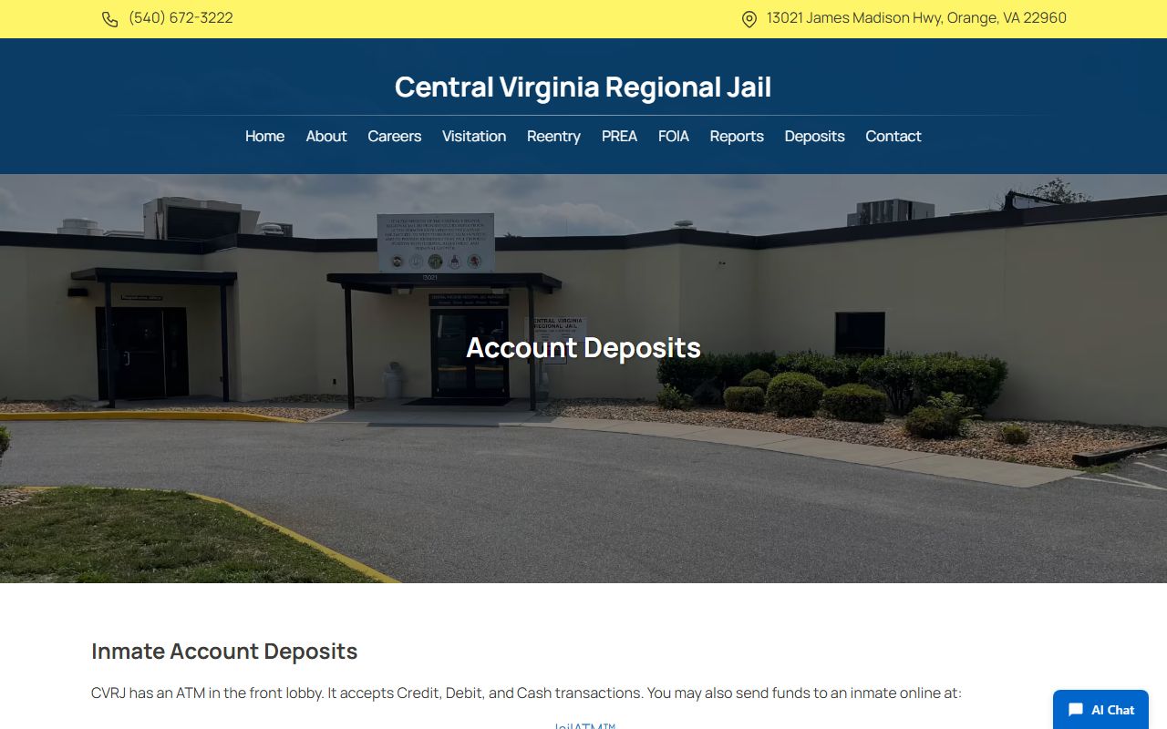 Central Virginia Regional Jail inmate deposits for Orange County jail funds