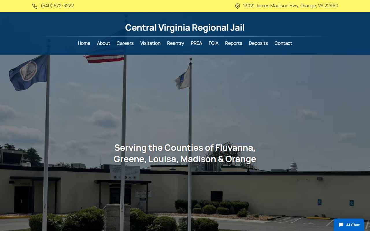 Central Virginia Regional Jail inmate lookup homepage for Orange County